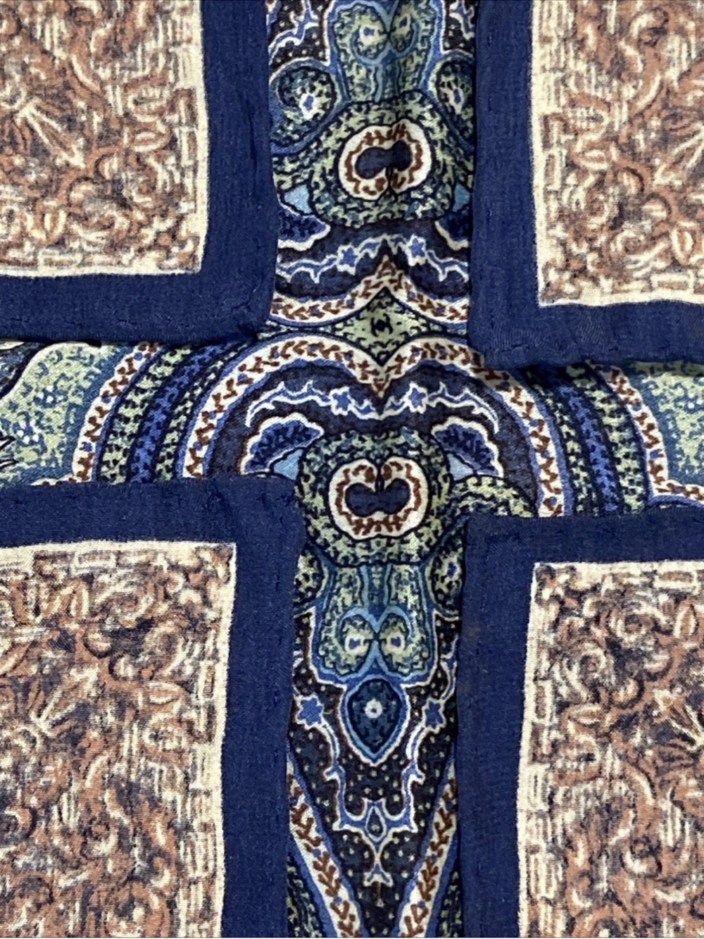 DIOR Vintage SILK Scarf 35” NAVY Gold/Ruby Jewel & Blue-Green Paisley print EUC - Picture 12 of 16